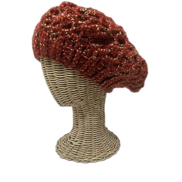 Handmade Slouchy Red & Gold Metallic Knit Beret Acrylic Winter Hat Unisex - Picture 3 of 7